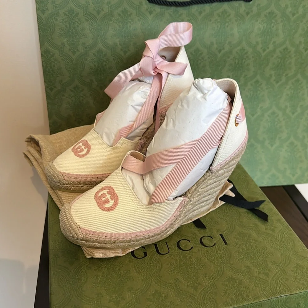 Gucci GG Logo Canvas Wedge Espadrilles